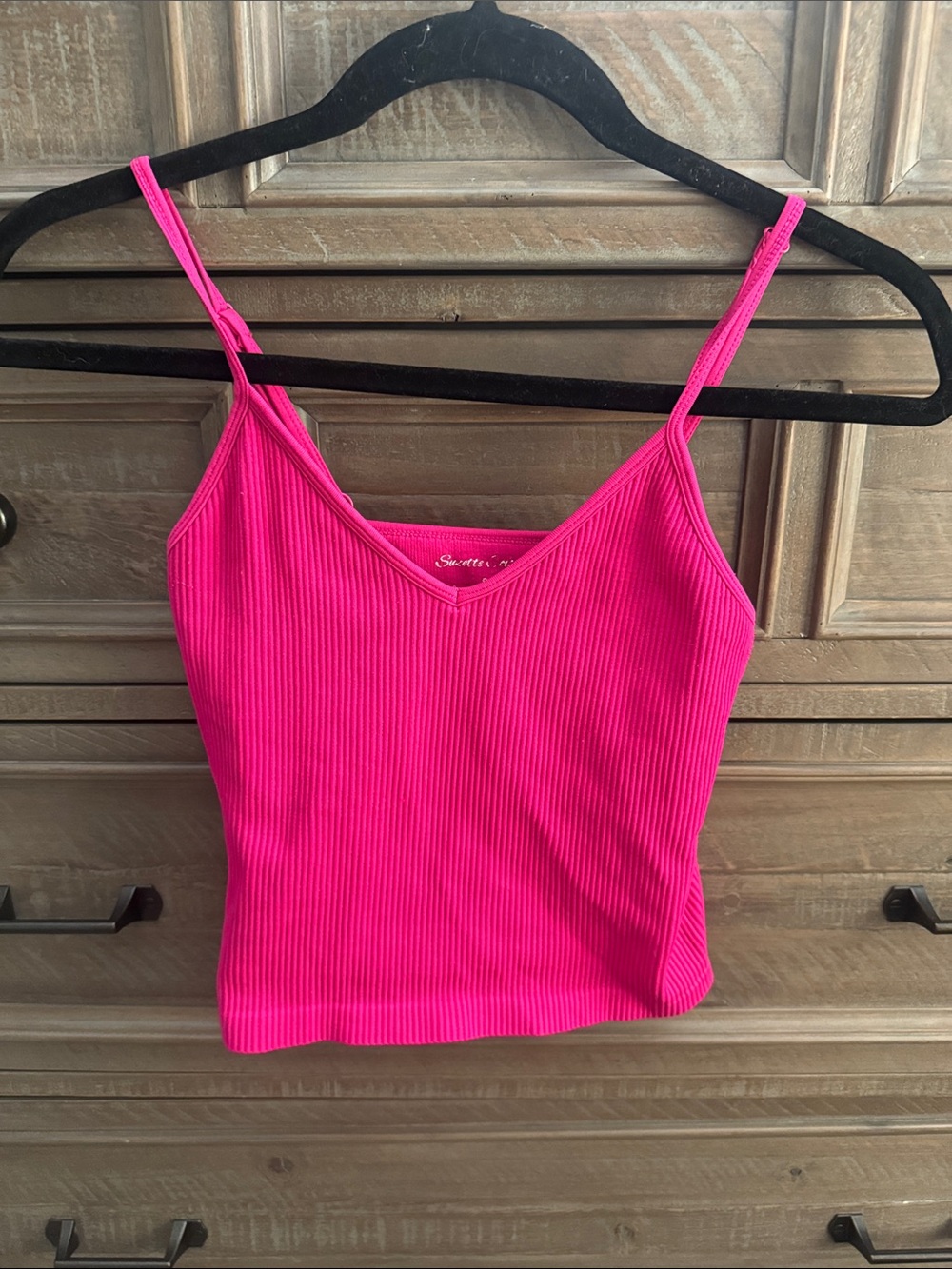 Ribbed V-Neck Spaghetti Strap Tank Top - Hot Pink